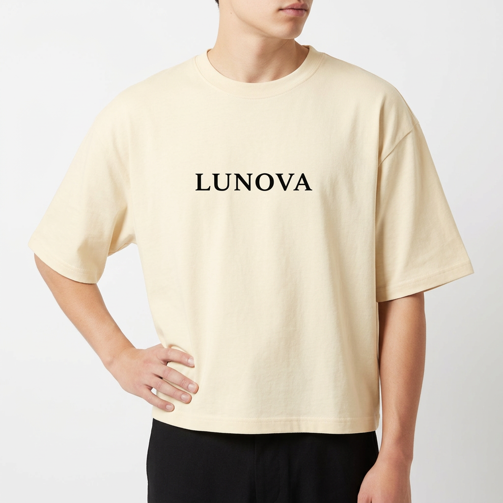 Camiseta com estampa frontal de "LUNOVA" em letras estilizadas e estampa traseira de um anjo em posição contemplativa sob o texto "ANJO" repetido acima.