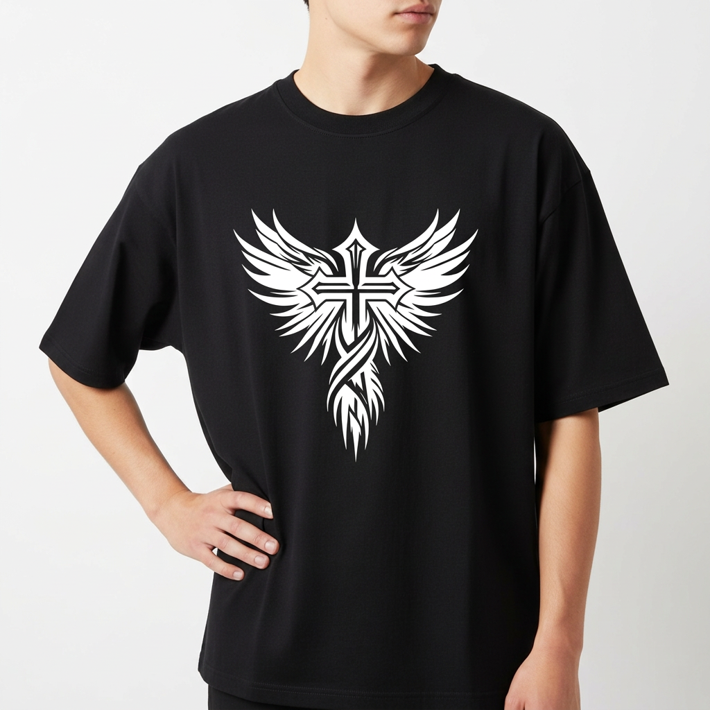 Camiseta com estampa frontal de uma cruz estilizada com asas abertas e estampa traseira de palavra "LUNOVA" seguida por "FÉ • FOCO • CONQUISTA".
