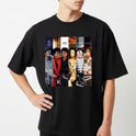 Camiseta com estampa frontal de montagem composta por diversas imagens lado a lado de um cantor famoso em diferentes trajes e estilos clássicos.