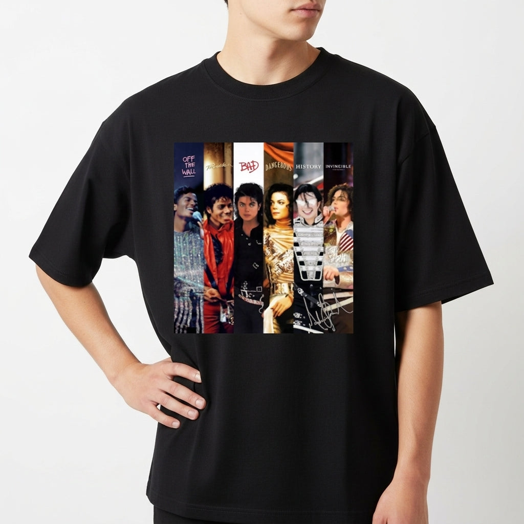 Camiseta com estampa frontal de montagem composta por diversas imagens lado a lado de um cantor famoso em diferentes trajes e estilos clássicos.