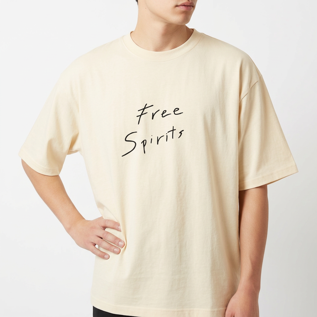 Camiseta com estampa frontal de texto "Free Spirits" em fonte cursiva fluida e estampa traseira discreta com texto "Grateful & Bohemian" em estilo manuscrito.