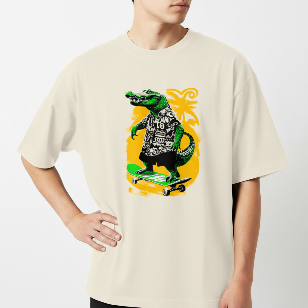 Camiseta com estampa frontal de crocodilo sorridente sobre skate, vestindo camisa tropical com elementos tribais, em destaque sobre fundo com coqueiro.