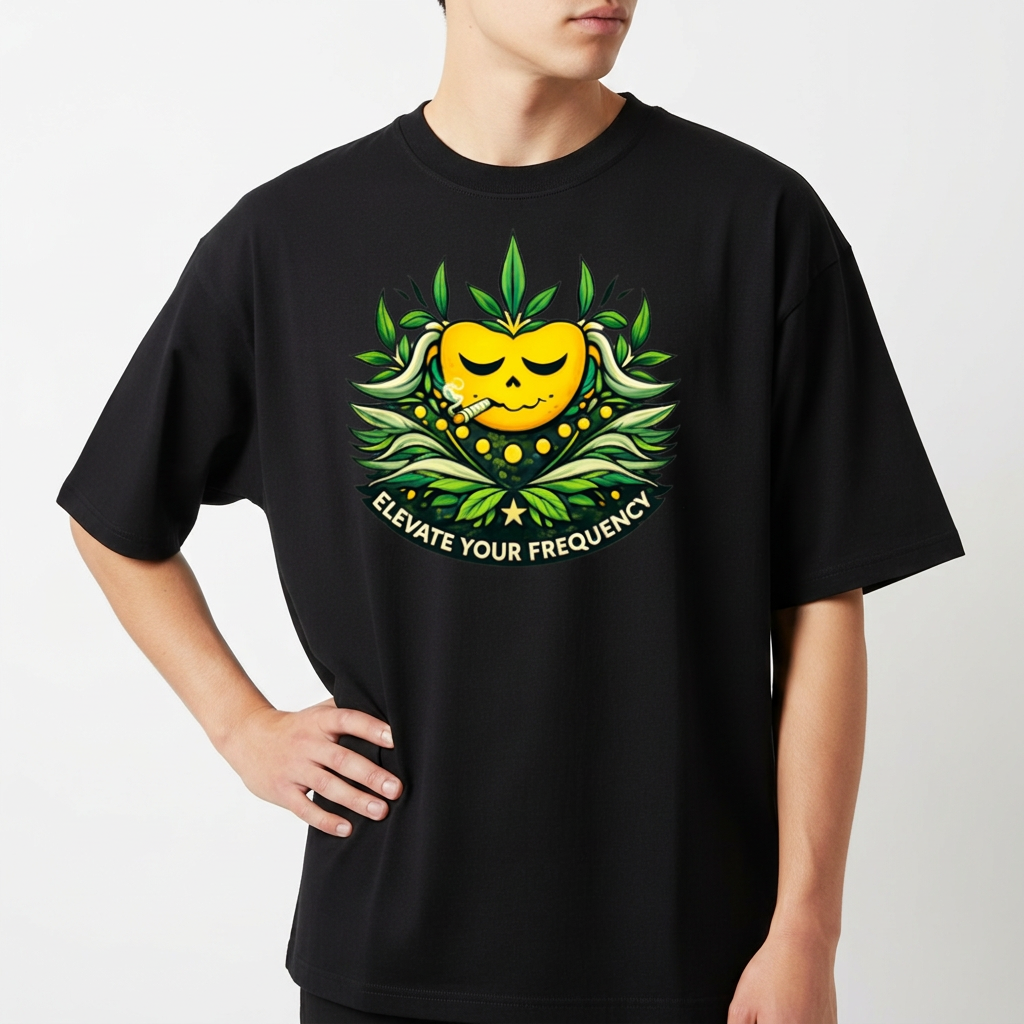 Camiseta com estampa frontal de rosto sorridente decorado com folhas e texto "Elevate Your Frequency" emoldurado por elementos naturais e estampa traseira de símbolo geométrico simples próximo à gola.