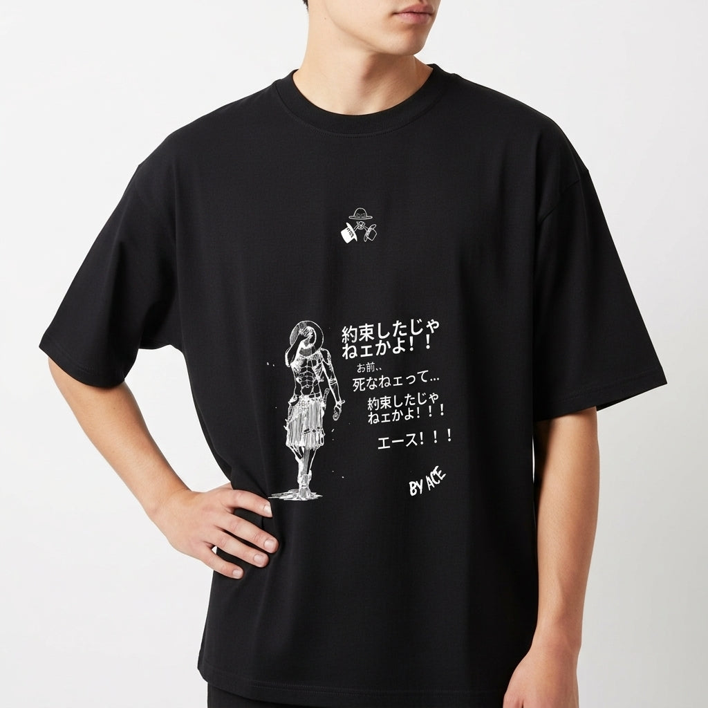 Camiseta com estampa frontal de personagem em pose reflexiva e texto japonês, e estampa traseira de quadrinhos com cenas de personagens e falas.