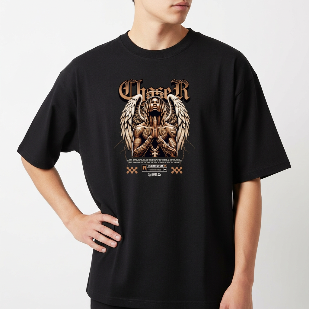 Camiseta com estampa frontal de figura com asas e mãos postas em pose de oração, cercada por elementos gráficos e texto em estilo gótico.