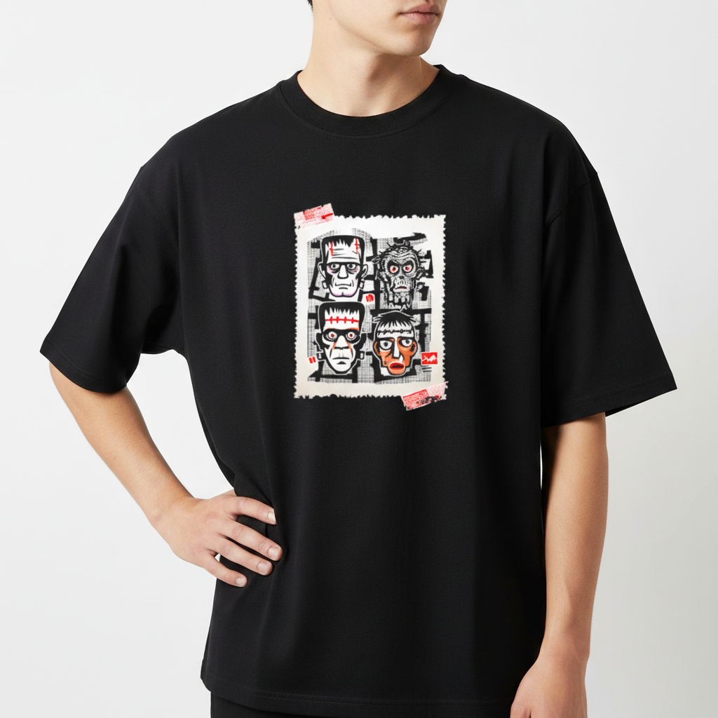 Camiseta com estampa frontal de retratos estilizados de monstros clássicos em um layout tipo colagem de quadrinhos, incluindo elementos de cartas postais.