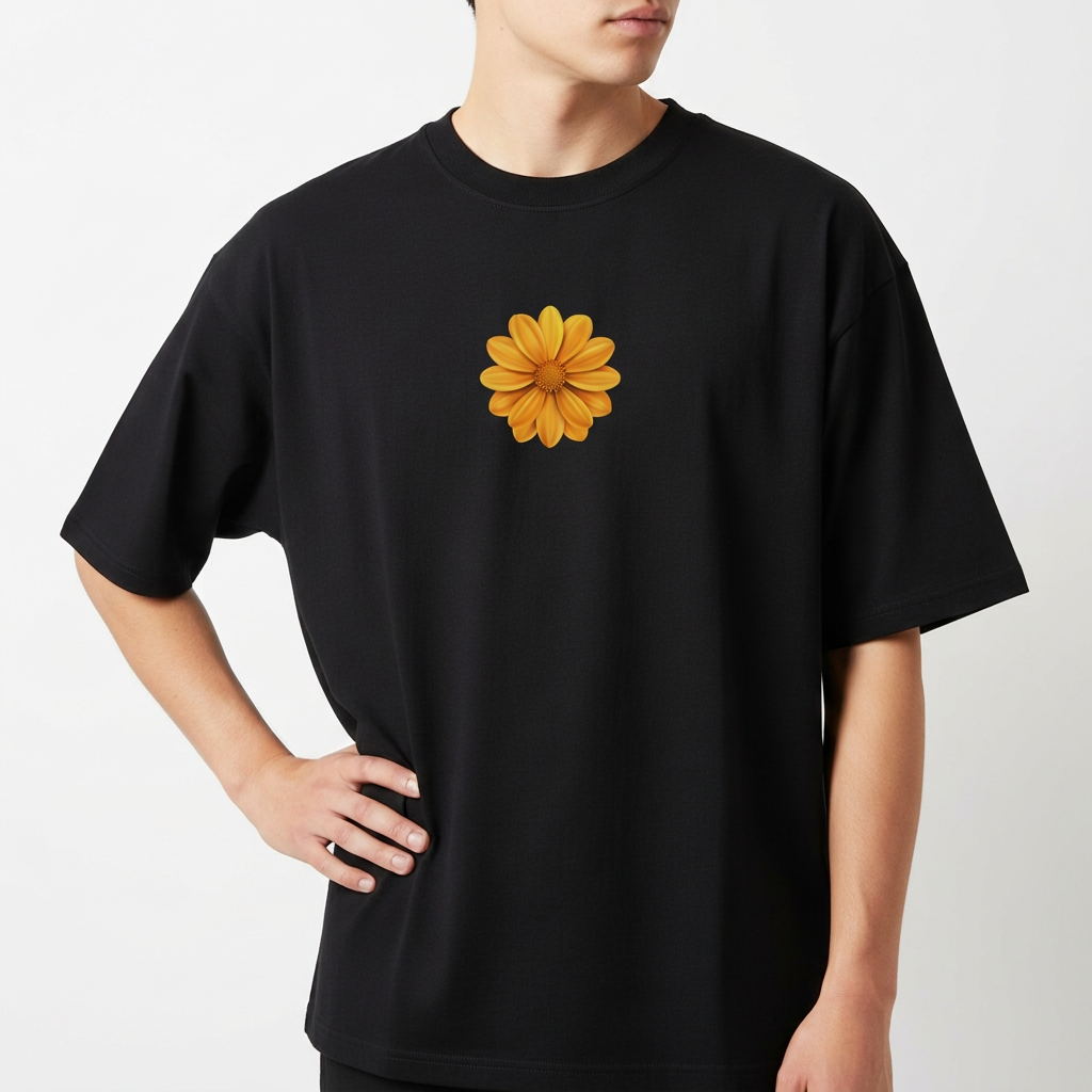 Camiseta com estampa frontal de uma flor amarela detalhada, com pétalas bem definidas e sobreposição harmoniosa, formando um design centralizado.
