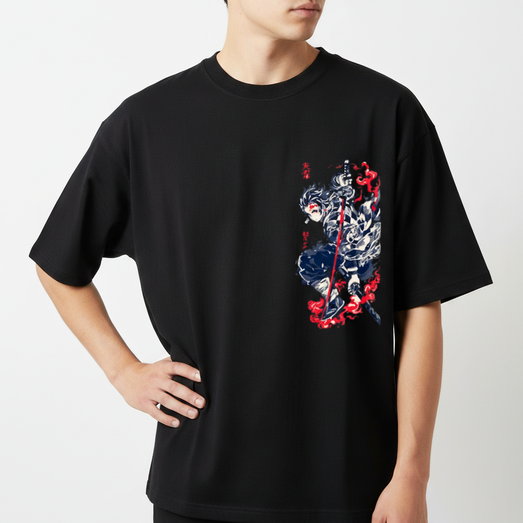 Camiseta com estampa frontal de personagem estilizado segurando uma espada, rodeado por chamas e detalhes em vermelho ao fundo.