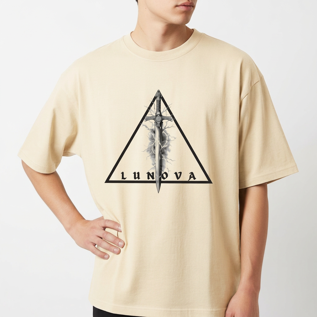 Camiseta com estampa frontal de triângulo contendo figura central simétrica e texto "LUNOVA" e estampa traseira de guerreiro ao centro com inscrições laterais.