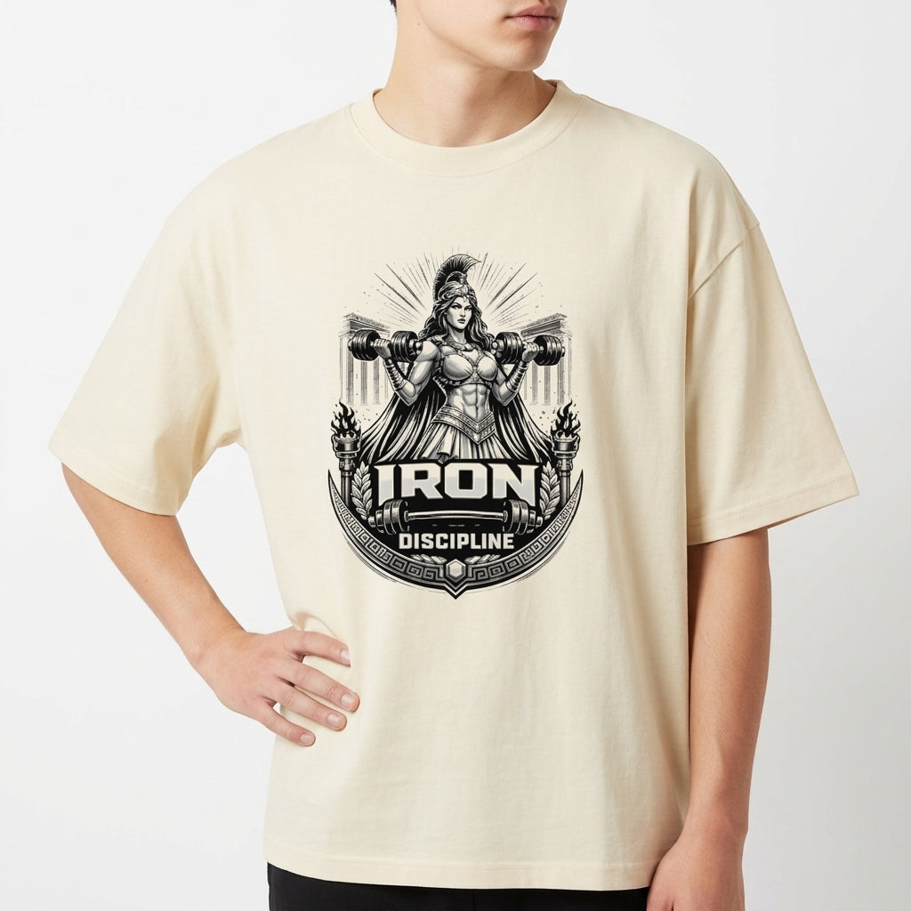 Camiseta com estampa frontal de guerreira musculosa segurando halteres, emblema com a inscrição "Iron Discipline" e elementos tribais ao redor.