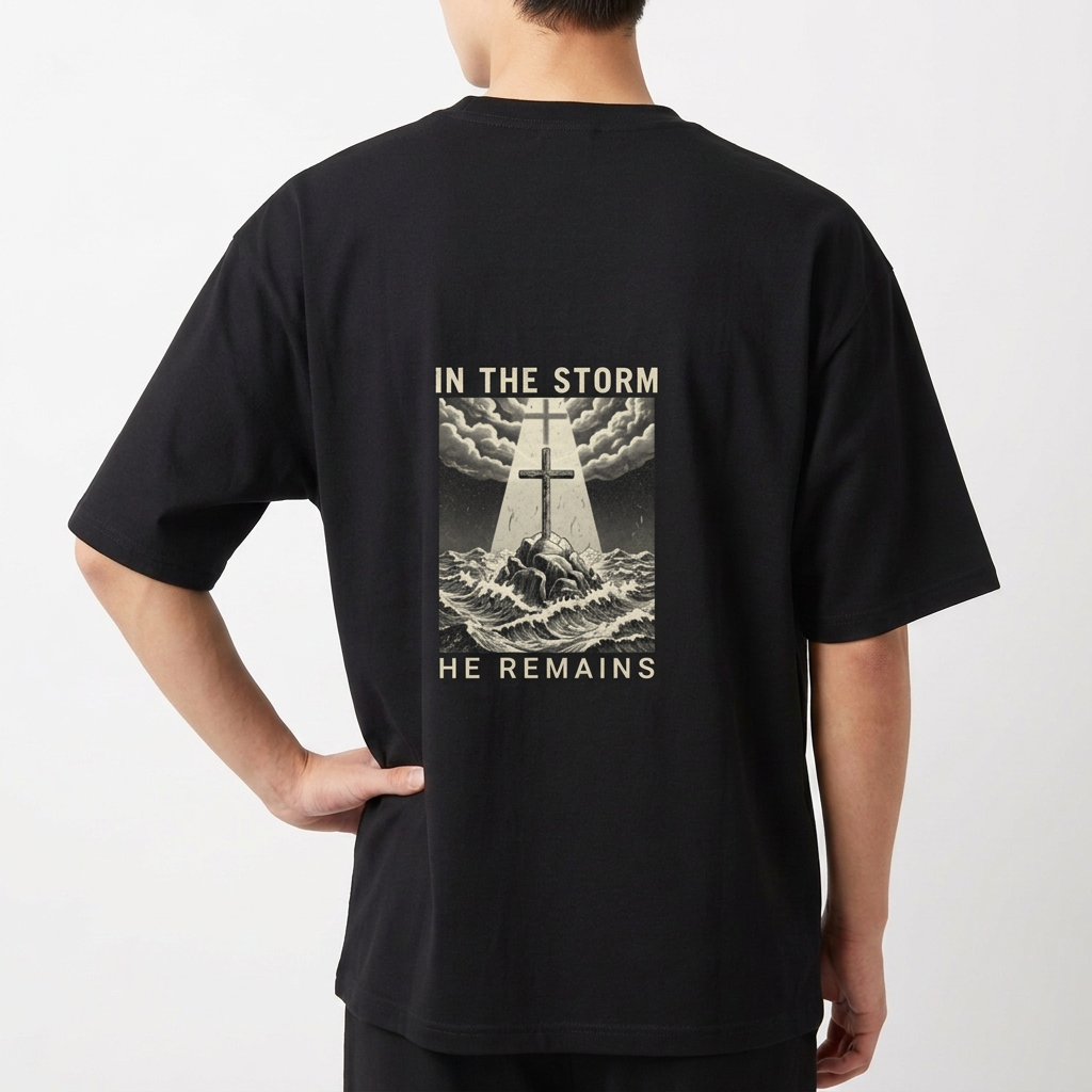 Camiseta com estampa frontal de texto decorativo "OG" e estampa traseira de ilustração com cruz em paisagem tempestuosa e as palavras "In the Storm He Remains".
