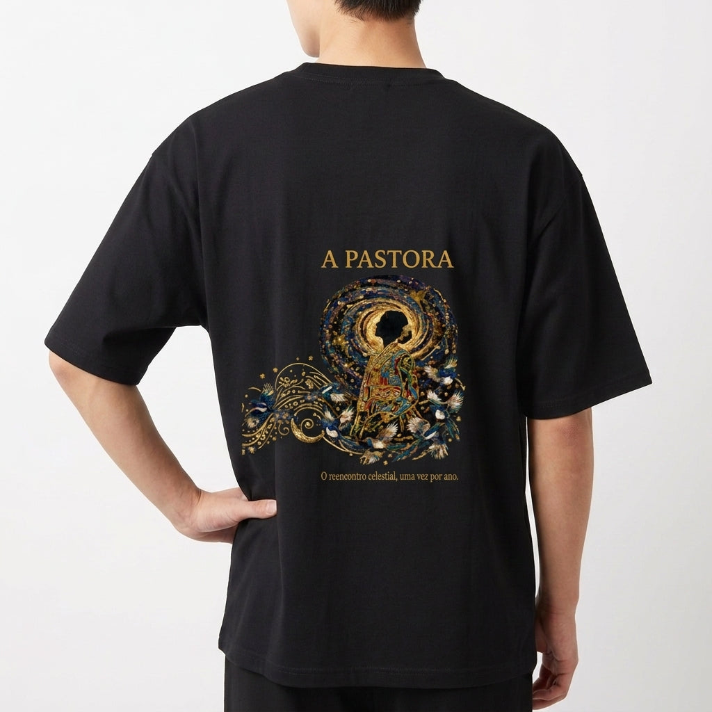 Camiseta com estampa frontal de intrincados padrões florais e texto centralizado, e estampa traseira de figura celestial com a inscrição "A PASTORA".