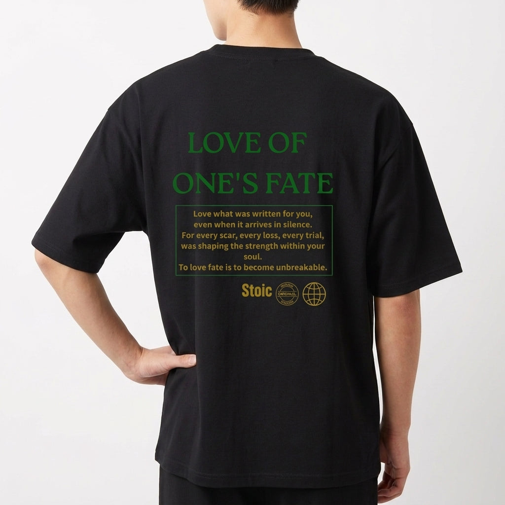 Camiseta com estampa frontal de "Stoic" em letras destacadas e estampa traseira com frase "Love of One's Fate" complementada por texto filosófico detalhado.