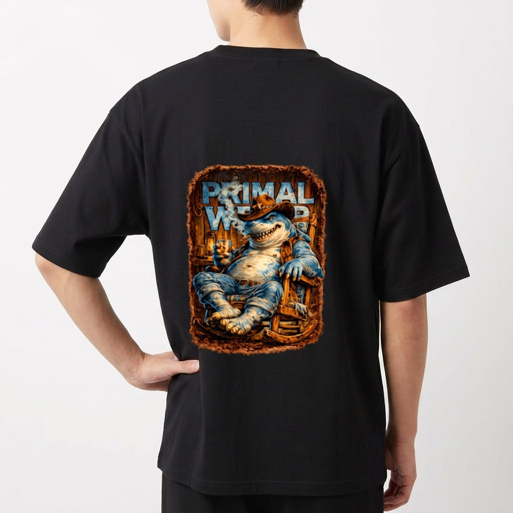 Camiseta com estampa frontal de logo "PRIMAL WEAR" e estampa traseira de tubarão humanizado sentado, cercado por água e elementos coloridos.
