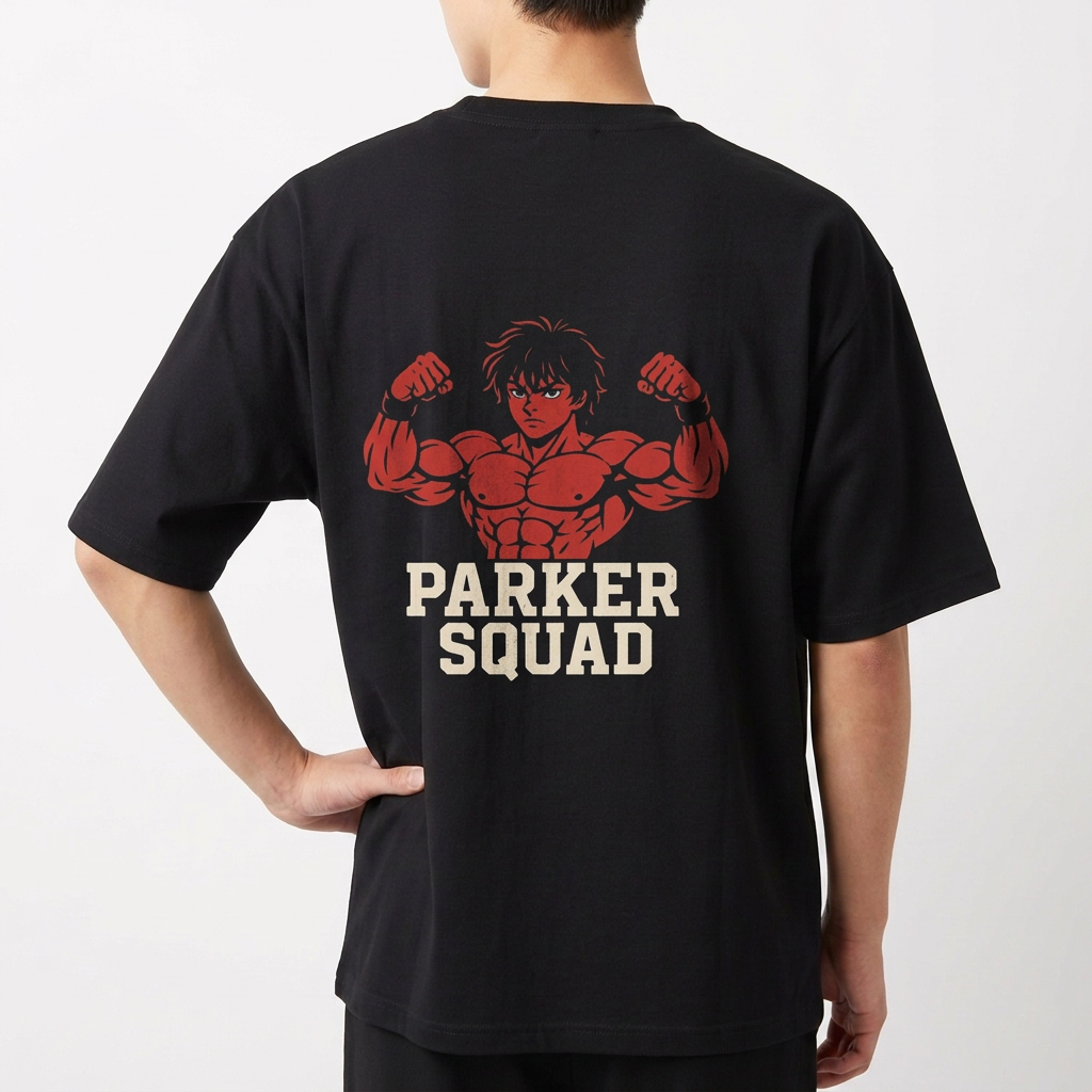 Camiseta com estampa frontal de logotipo estilizado e estampa traseira de personagem musculoso com cabelos curtos, acompanhada das palavras "Parker Squad".
