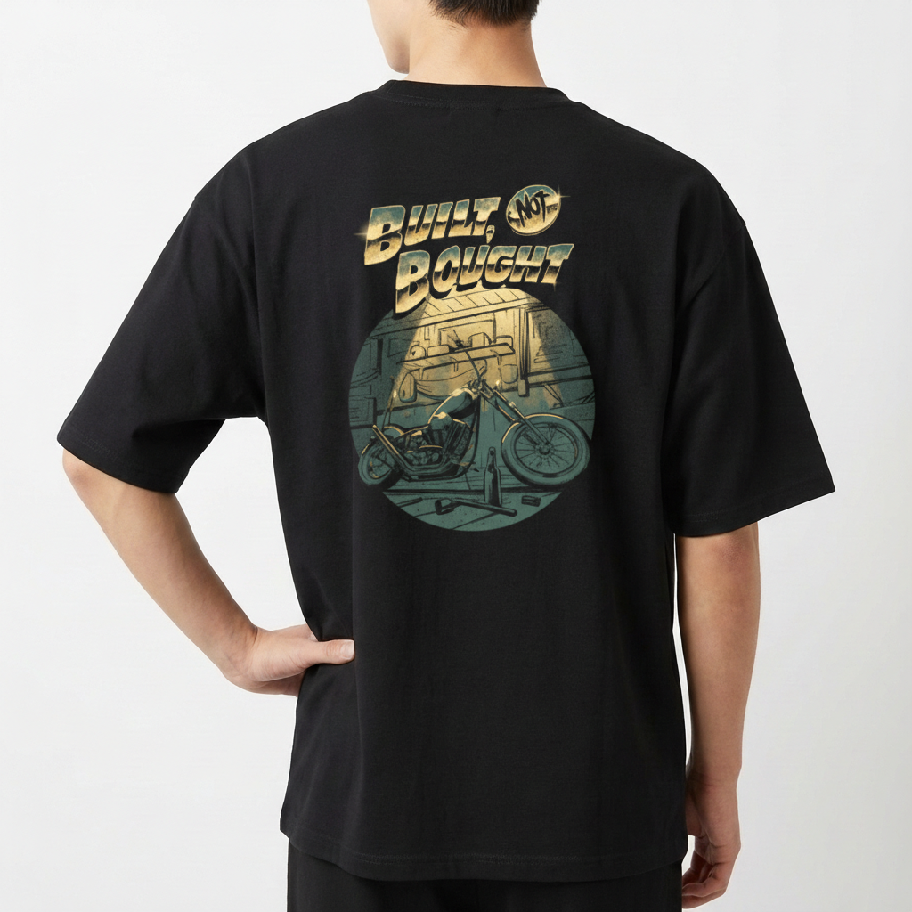 Camiseta com estampa frontal de texto pequeno e detalhe gráfico e estampa traseira de moto estilizada em garagem com texto em destaque acima.