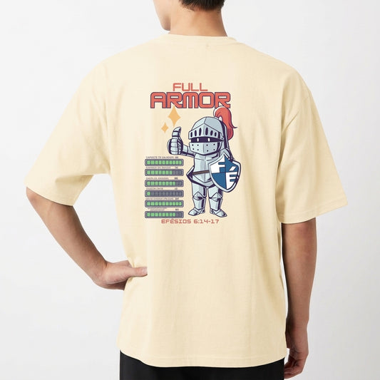 Camiseta com estampa traseira de cavaleiro segurando escudo e espada, texto "Full Armor", listas digitais estilo painel de controle e referência de Efésios 6:14-17.