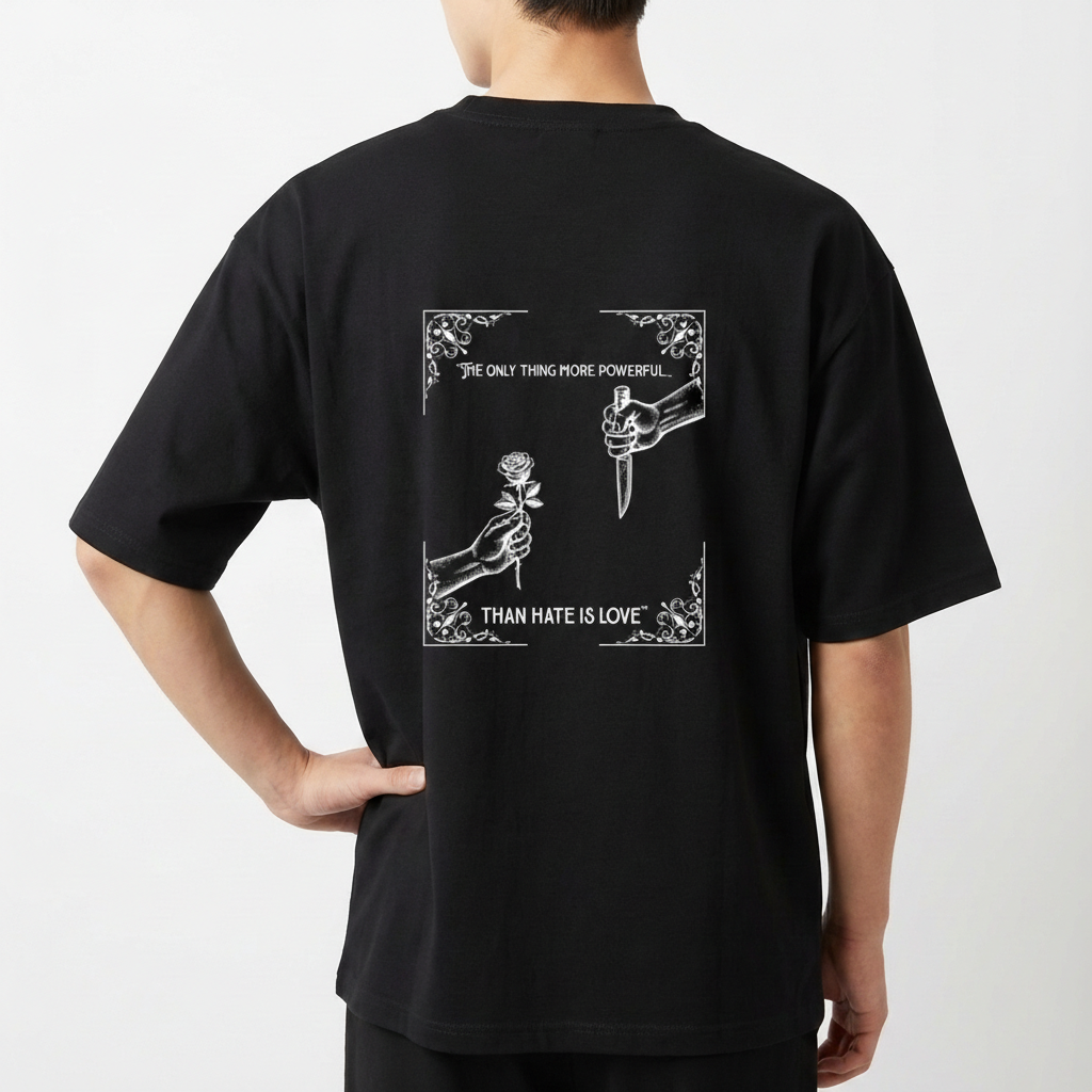 Camiseta com estampa frontal de texto em um formato oval e estampa traseira de duas mãos, uma segurando uma rosa e outra um punhal, com textos envoltos de arabescos.