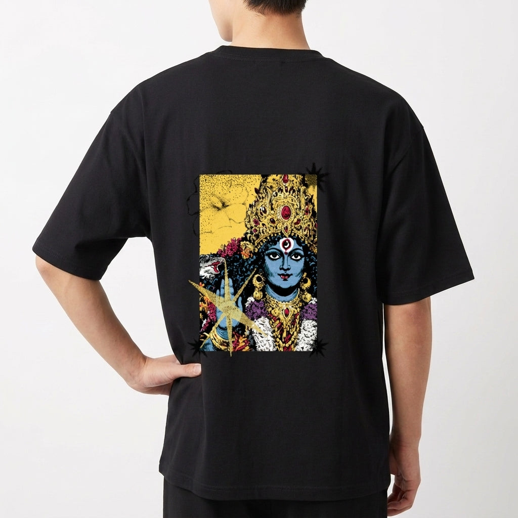 Camiseta com estampa frontal de texto em outra língua sobre um padrão geométrico com estrela amarela e estampa traseira de uma figura detalhada com adornos.