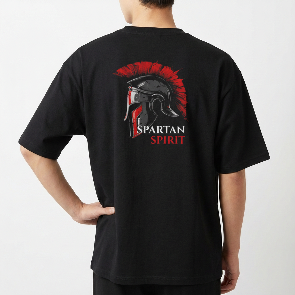 Camiseta com estampa frontal de capacete espartano com crista. Estampa traseira maior de capacete espartano, com texto "SPARTAN SPIRIT".