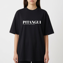 Camiseta com estampa frontal de "PITANGUI" sublinhado e estampa traseira de uma praça com árvore central, banco de madeira e placa de "PAZ E AMOR".