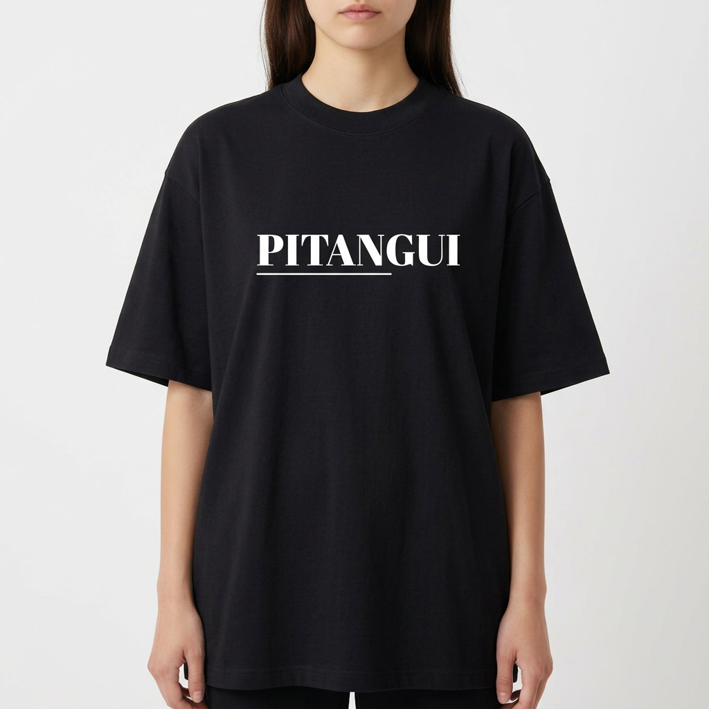 Camiseta com estampa frontal de "PITANGUI" sublinhado e estampa traseira de uma praça com árvore central, banco de madeira e placa de "PAZ E AMOR".