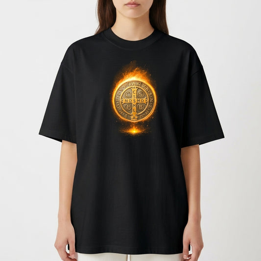 Camiseta com estampa frontal de um medalhão circular detalhado, cercado por um efeito de fogo vibrante, contendo letras e símbolos intricados no centro.