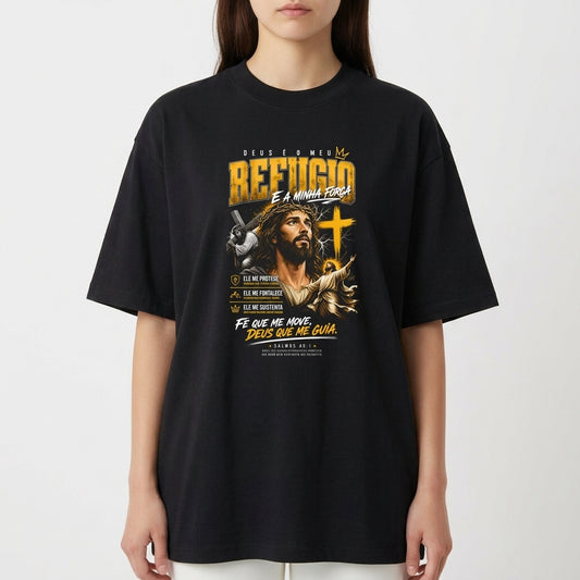 Camiseta com estampa frontal de figura religiosa com detalhes tipográficos, incluindo cruz e elementos de texto estilizados ao redor do personagem.