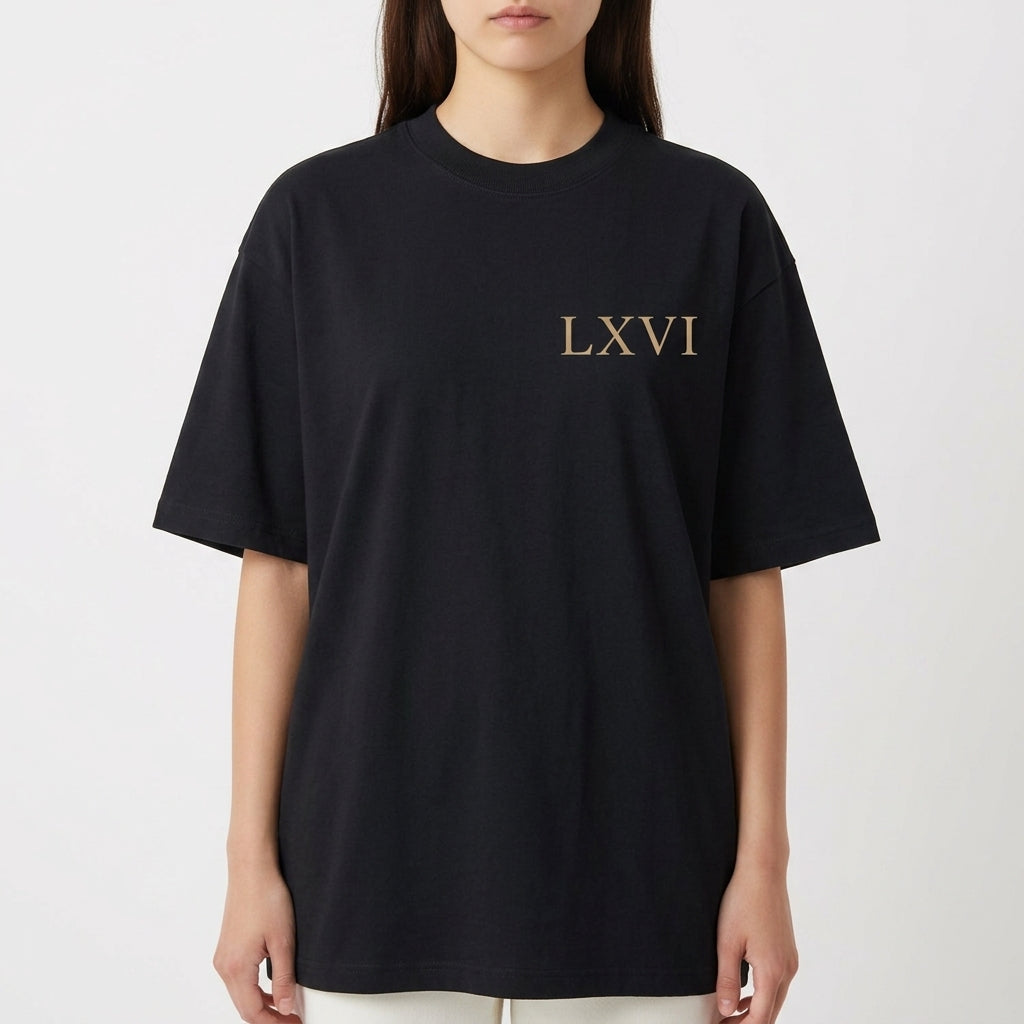 Camiseta com estampa frontal de "LXVI" em estilo clássico e estampa traseira de colunas gregas com "LXVI", grafite, "Raccon Team" e "MMXXVI".