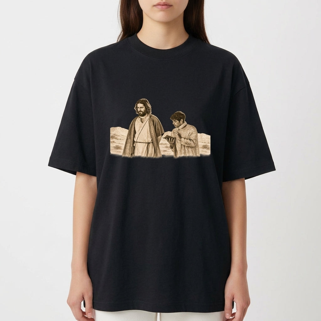 Camiseta com estampa frontal de duas figuras históricas em trajes antigos, uma olhando para frente e outra lendo um livro, em um cenário desértico.