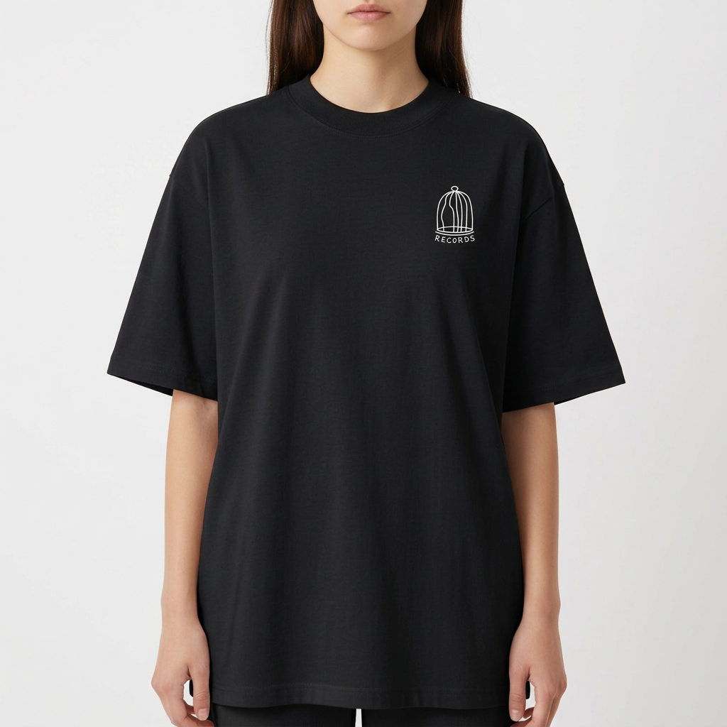 Camiseta com estampa frontal de gaiola com a palavra "RECORDS" e estampa traseira de coração em mosaico rodeado por padrões geométricos vibrantes.