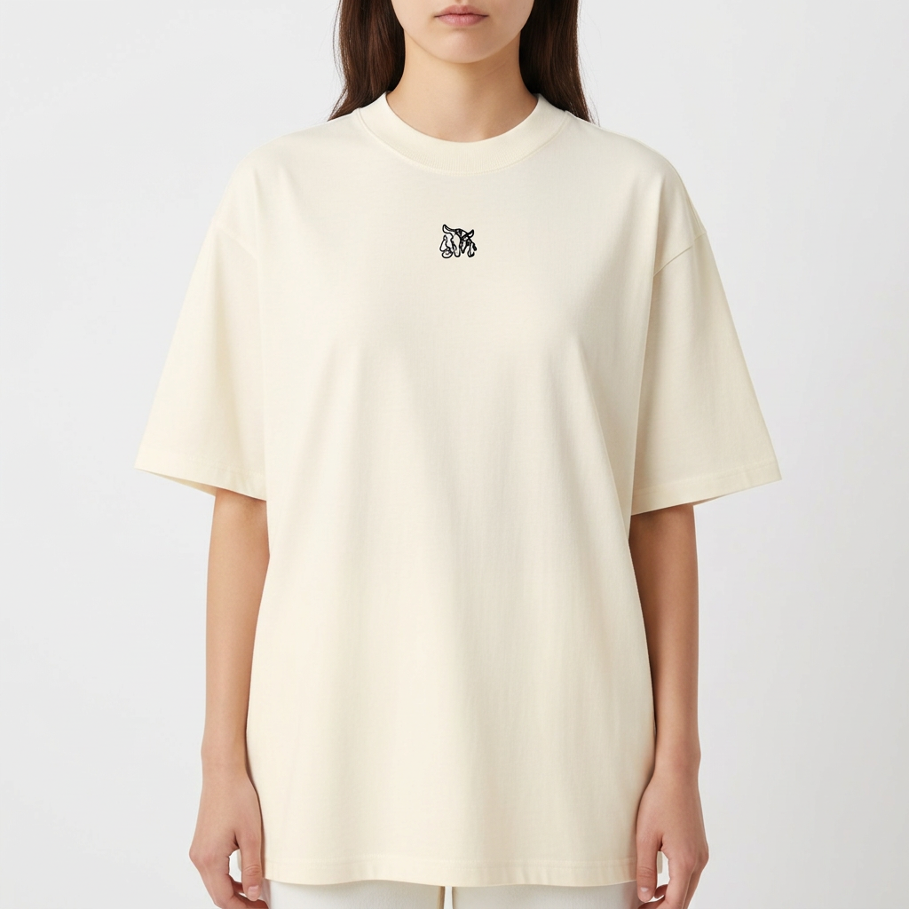 Camiseta com estampa frontal de um pequeno logotipo abstrato e estampa traseira de guerreiro viking com machados, cercado por textos "ETERNAL VALOR" e "ECHOES OF VALHALLA".