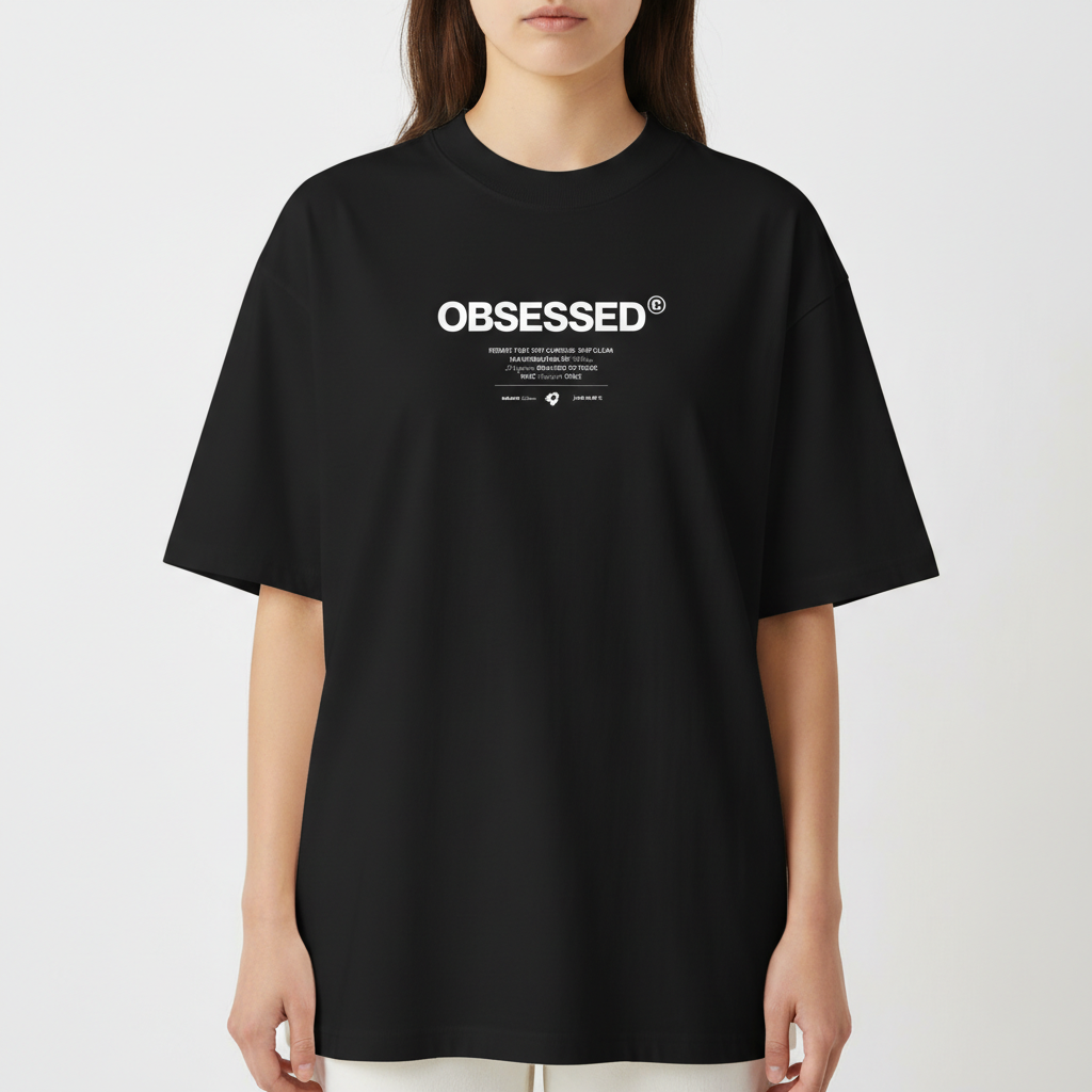 Camiseta com estampa frontal de texto grande "OBSESSED" e abaixo uma sequência de textos menores combinando palavras e símbolos minimalistas.