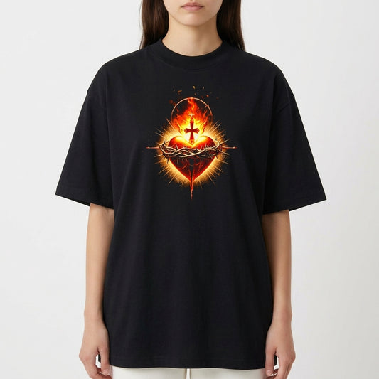 Camiseta com estampa frontal de um coração flamejante rodeado por espinhos e cruz central, irradiando um halo luminoso, criando um poderoso efeito visual.
