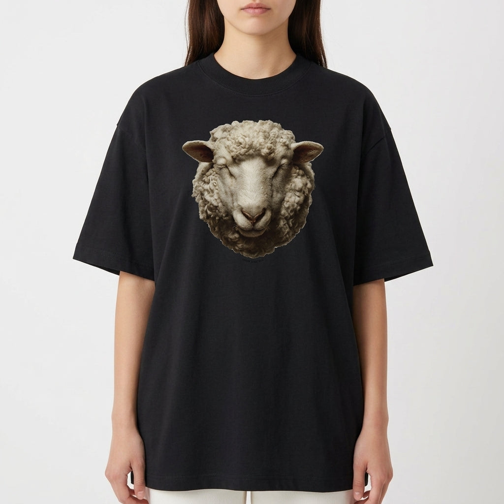 Camiseta com estampa frontal de uma cabeça detalhada de carneiro, mostrando traços realistas e expressão serena em foco central.