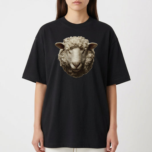 Camiseta com estampa frontal de uma cabeça detalhada de carneiro, mostrando traços realistas e expressão serena em foco central.