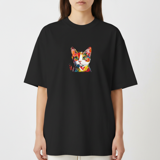 Camiseta com estampa frontal de rosto de gato estilizado, usando traços coloridos e vibrantes, destacando olhos expressivos e um coração no peito.