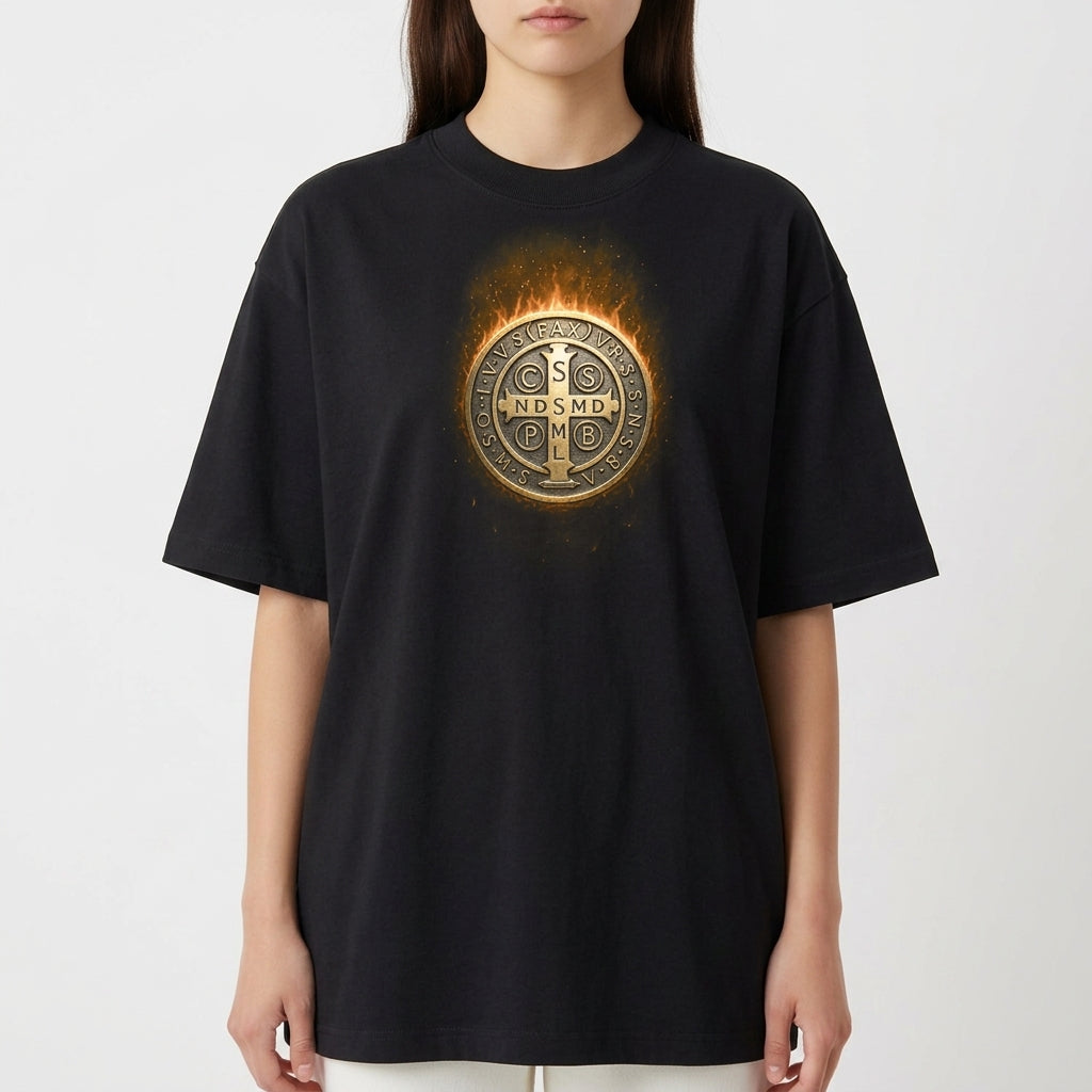 Camiseta com estampa frontal de medalhão detalhado com letras e símbolos complexos, cercado por um efeito de chama sutil e radiante.