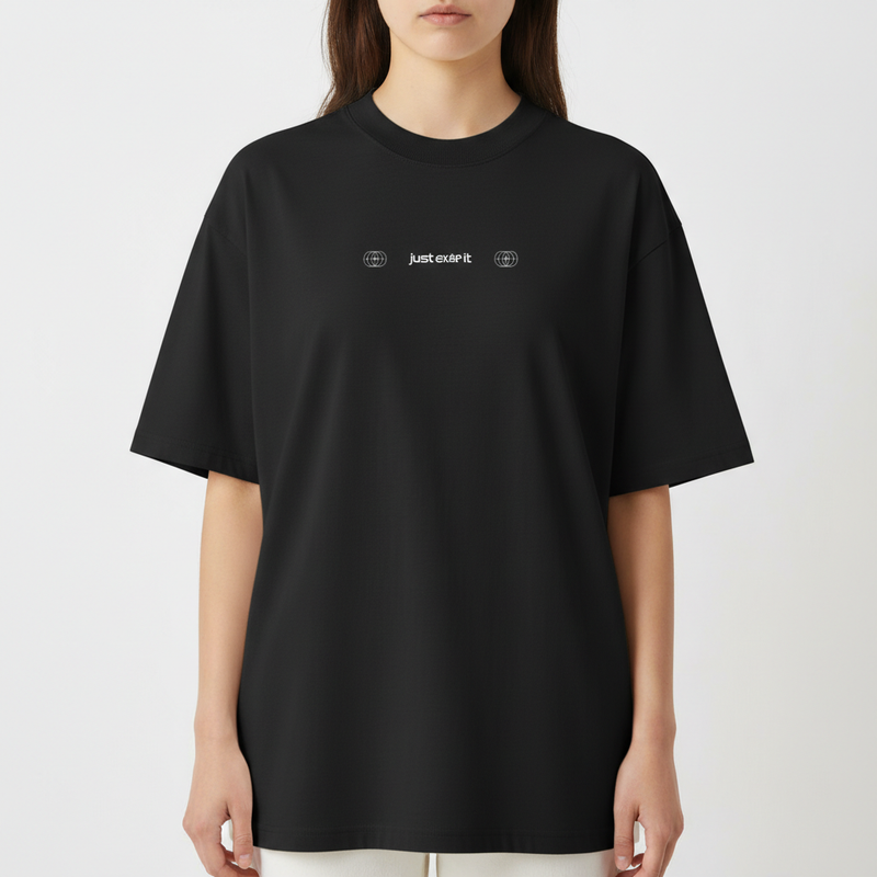 Camiseta com estampa frontal de "just ship it" e símbolo circular de ondas e estampa traseira de "MAKE MONEY AND FRIENDS" e "FOCUS ON PROFIT AND POPULARITY".