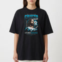 Camiseta com estampa frontal de Jesus Cristo com cabelo longo, barba, vestimentas tradicionais, cruz ao lado e texto "Cristo é relação, a fé move montanhas".