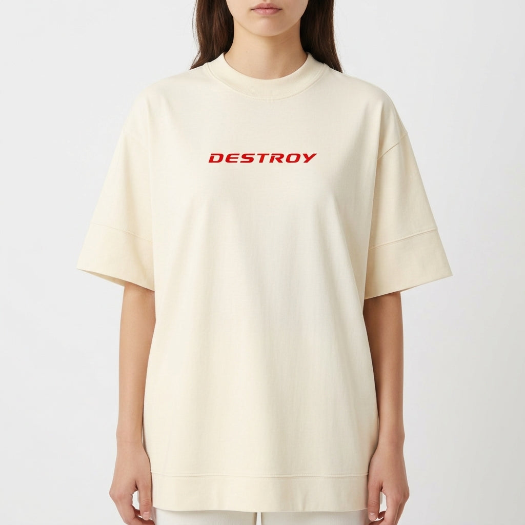 Camiseta com estampa frontal de texto "DESTROY" em estilo tipográfico e estampa traseira de "I ♥ SINGLE MOM" com o coração em destaque centralizado.