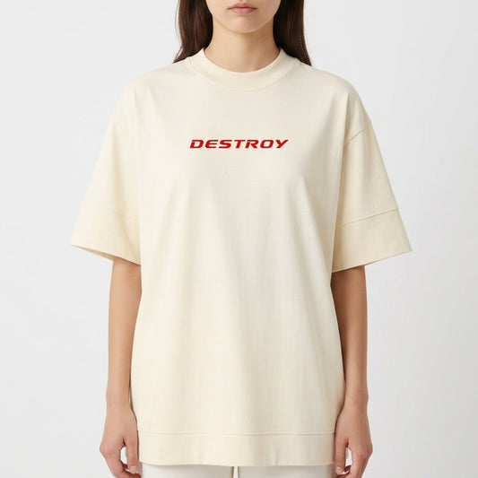 Camiseta com estampa frontal de texto "DESTROY" em estilo tipográfico e estampa traseira de "I ♥ SINGLE MOM" com o coração em destaque centralizado.