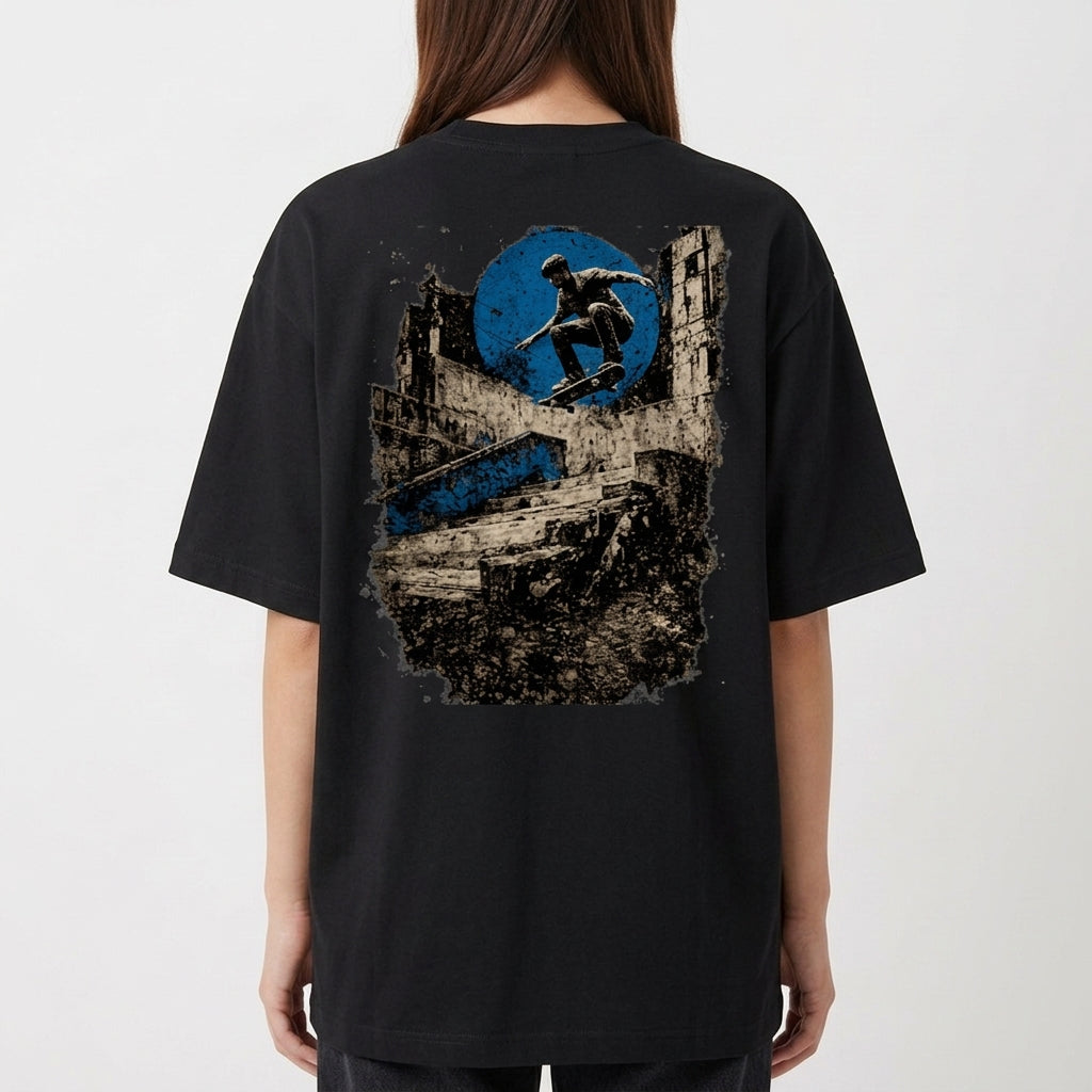 Camiseta com estampa frontal de logo minimalista circular e estampa traseira de skatista sobre ruínas urbanas e círculo abstrato.