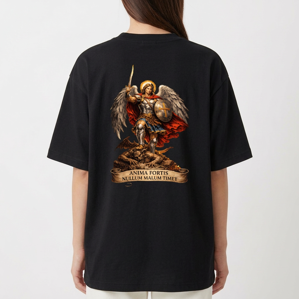 Camiseta com estampa frontal de logotipo estilizado "TK" e estampa traseira de figura angelical com asas, espada e escudo, acompanhada de inscrição latina.