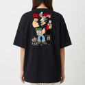 Camiseta com estampa frontal de texto "DESTROY" em fonte destacada e estampa traseira de personagens caricatos segurando potes de ervas e sal, com texto.