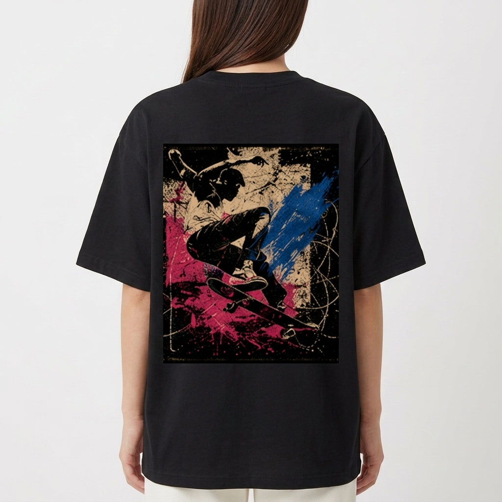 Camiseta com estampa frontal de símbolo geométrico simples no peito e estampa traseira de skatista em ação com efeito gráfico de tinta em respingos.