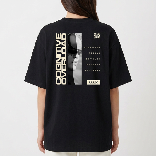 Camiseta com estampa frontal de logotipo vertical minimalista e estampa traseira de texto "Cognitive Overload", imagem digital de rosto e elementos textuais.