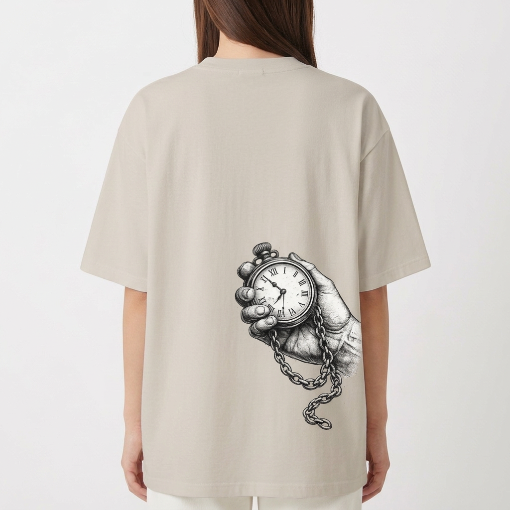 Camiseta com estampa frontal de "KRJ" estilizado e estampa traseira de mão segurando relógio de bolso com corrente detalhada.
