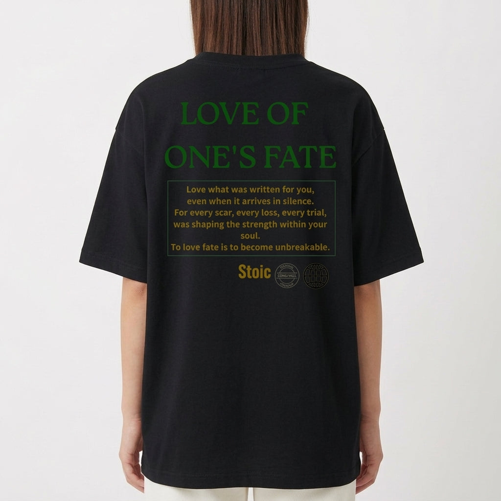 Camiseta com estampa frontal de "Stoic" no peito e estampa traseira com o texto "Love of One's Fate", acompanhada de parágrafo reflexivo e símbolos.