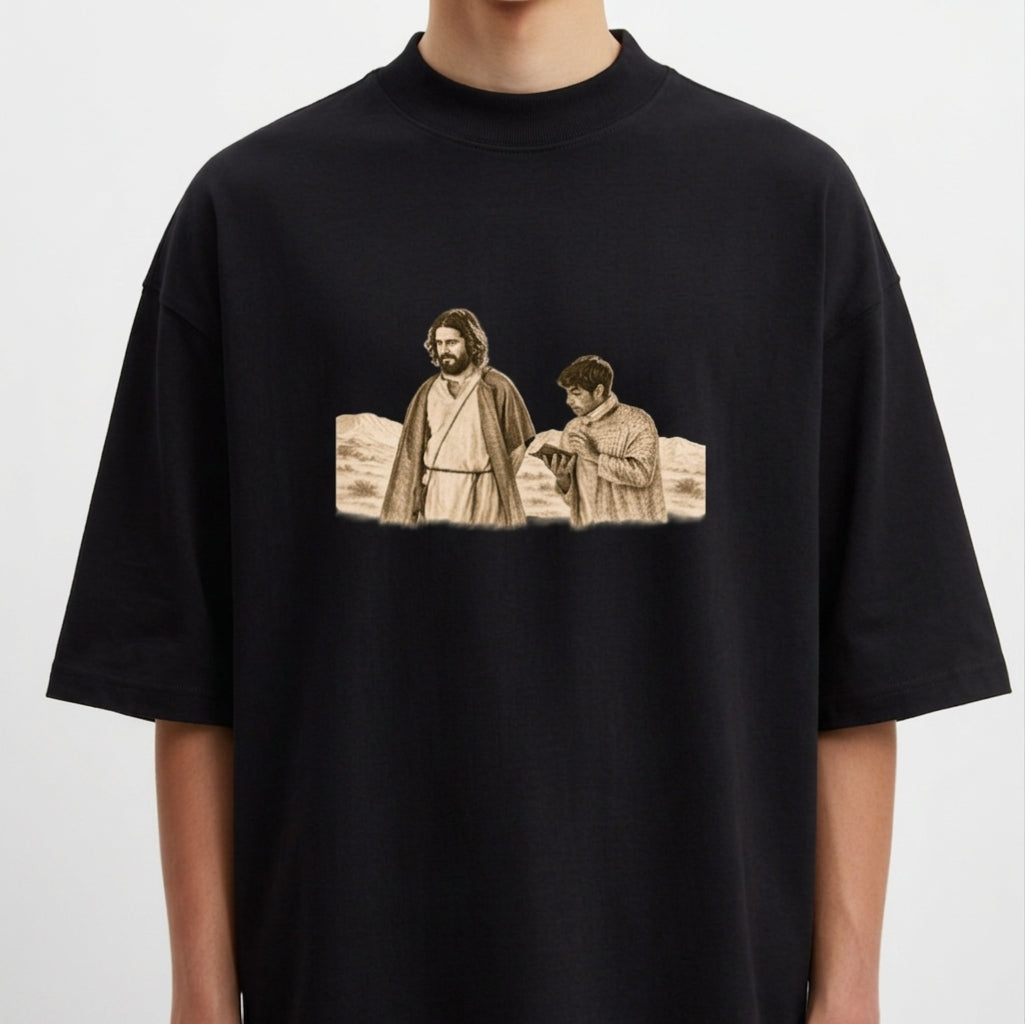 Camiseta com estampa frontal de duas figuras históricas em trajes antigos, uma olhando para frente e outra lendo um livro, em um cenário desértico.